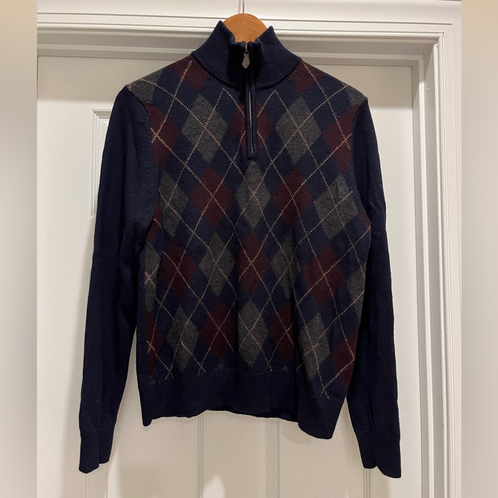 Brooks Brothers Argyle Quarter Zip Merino Wool Sweater S